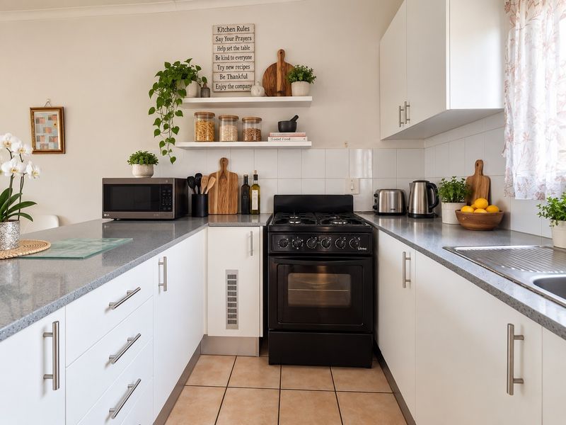 A well-maintained kitchen featuring white cabinetry, grey laminate countertops, a gas stove with oven, and tiled flooring with a clean, functional layout.