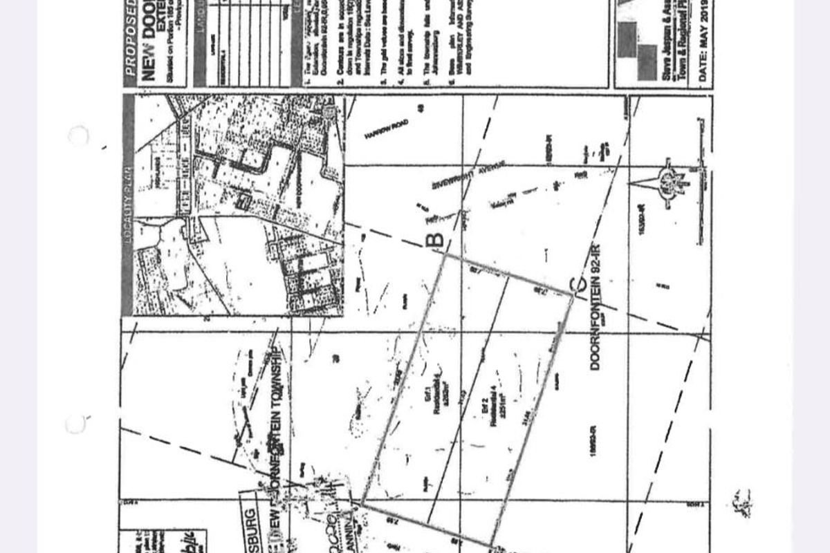 A formal layout plan for the proposed New Doornfontein Extension 1 township, detailing land parcels and infrastructure planning.