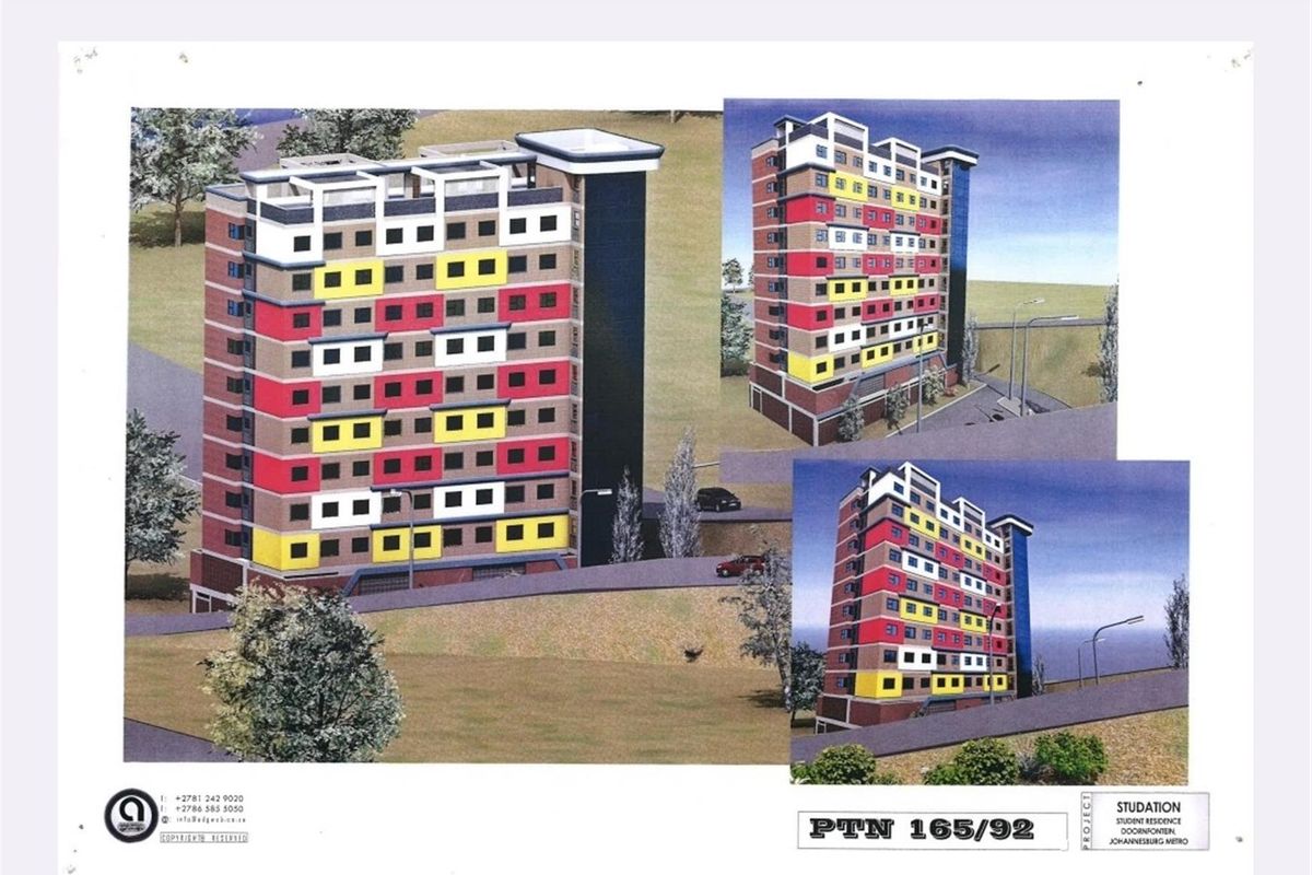 Architectural 3D rendering of a proposed multi-story student residence building featuring a colorful facade design.