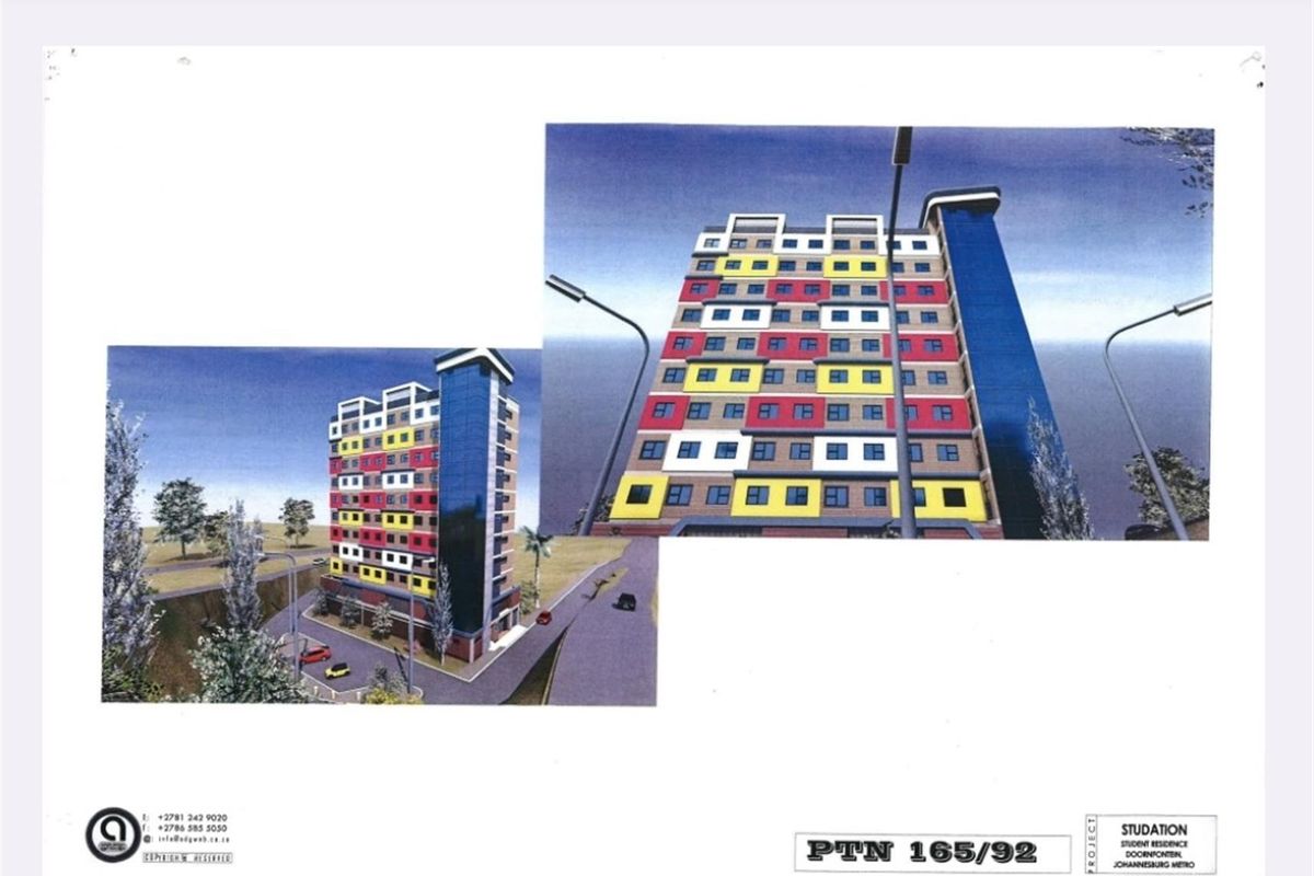 Architectural rendering of a multi-story student residence building featuring a colorful facade design.