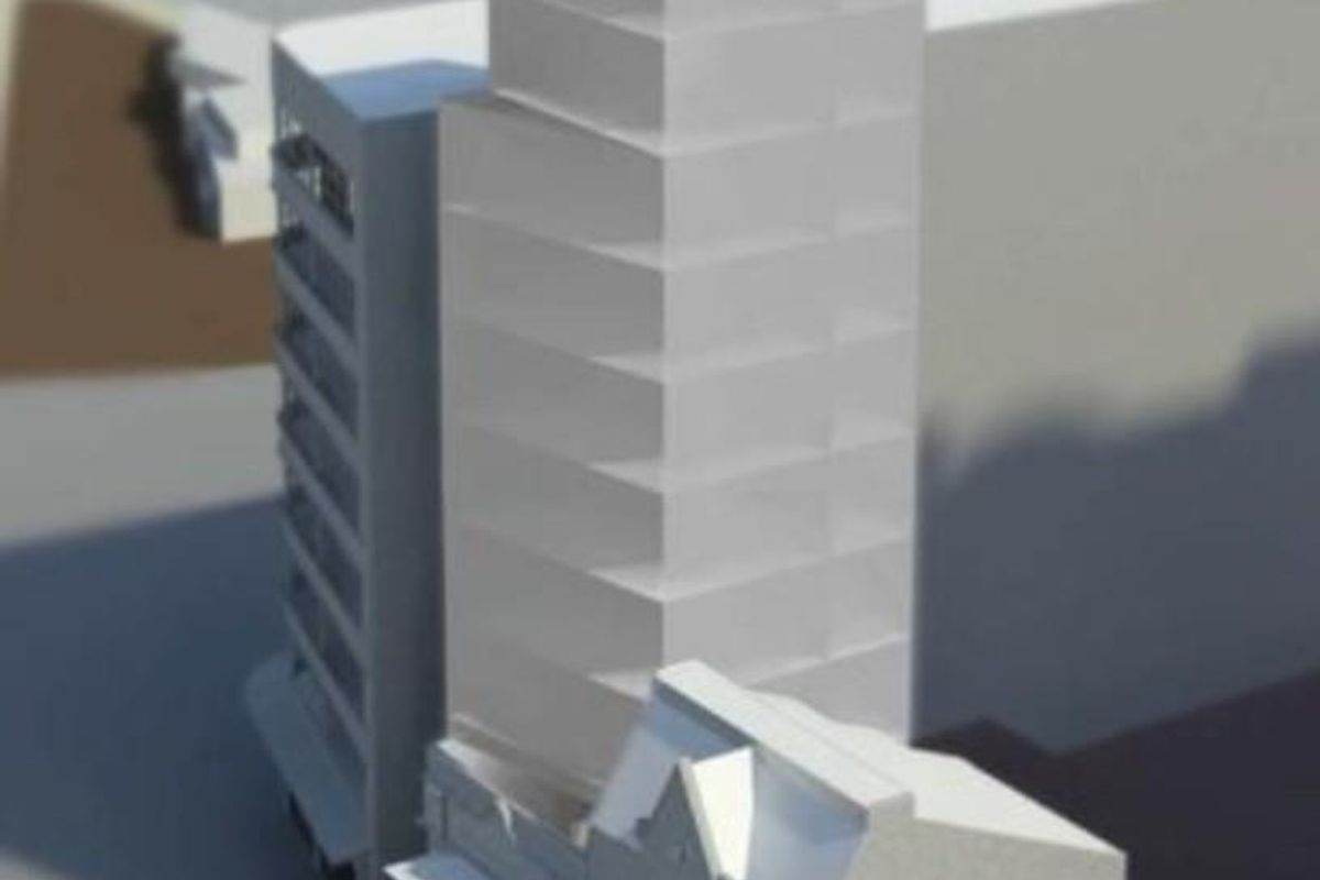 A digital 3D architectural rendering showing the proposed building massing and urban context for the development site.