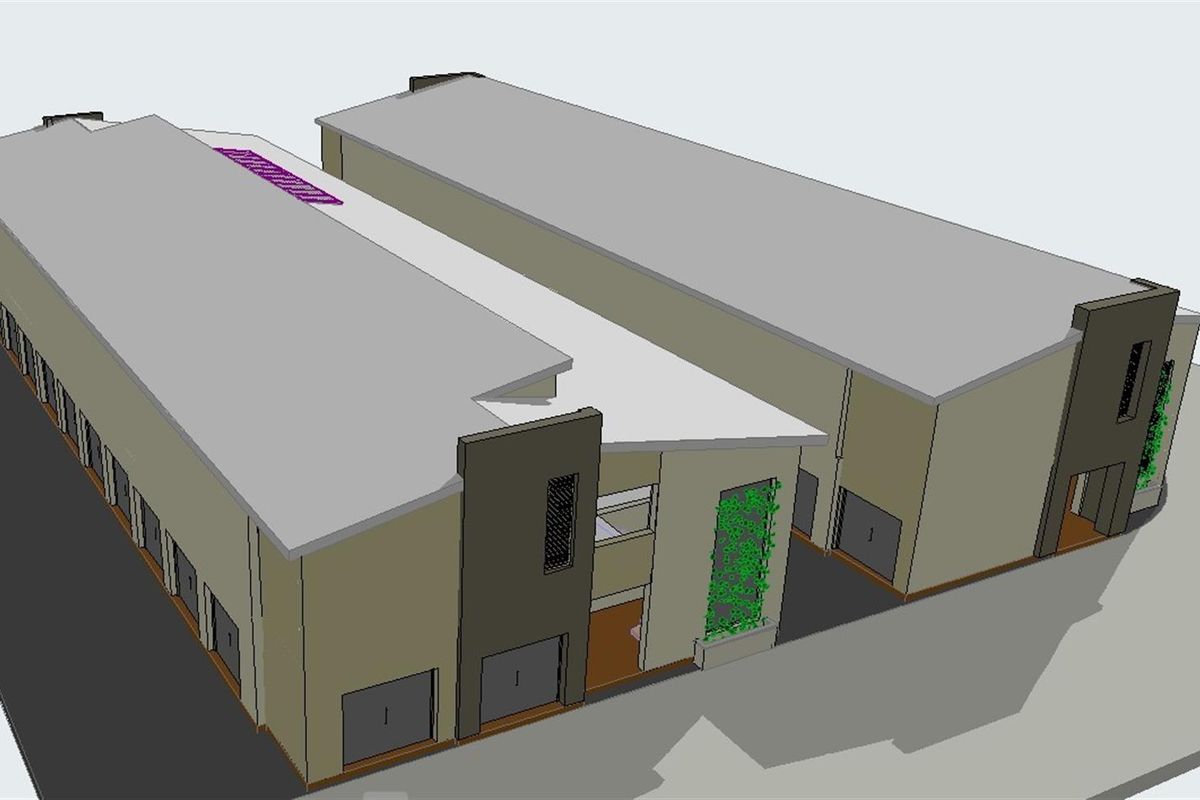 A 3D architectural rendering of a proposed commercial or industrial development featuring two parallel building structures with modern facade elements.