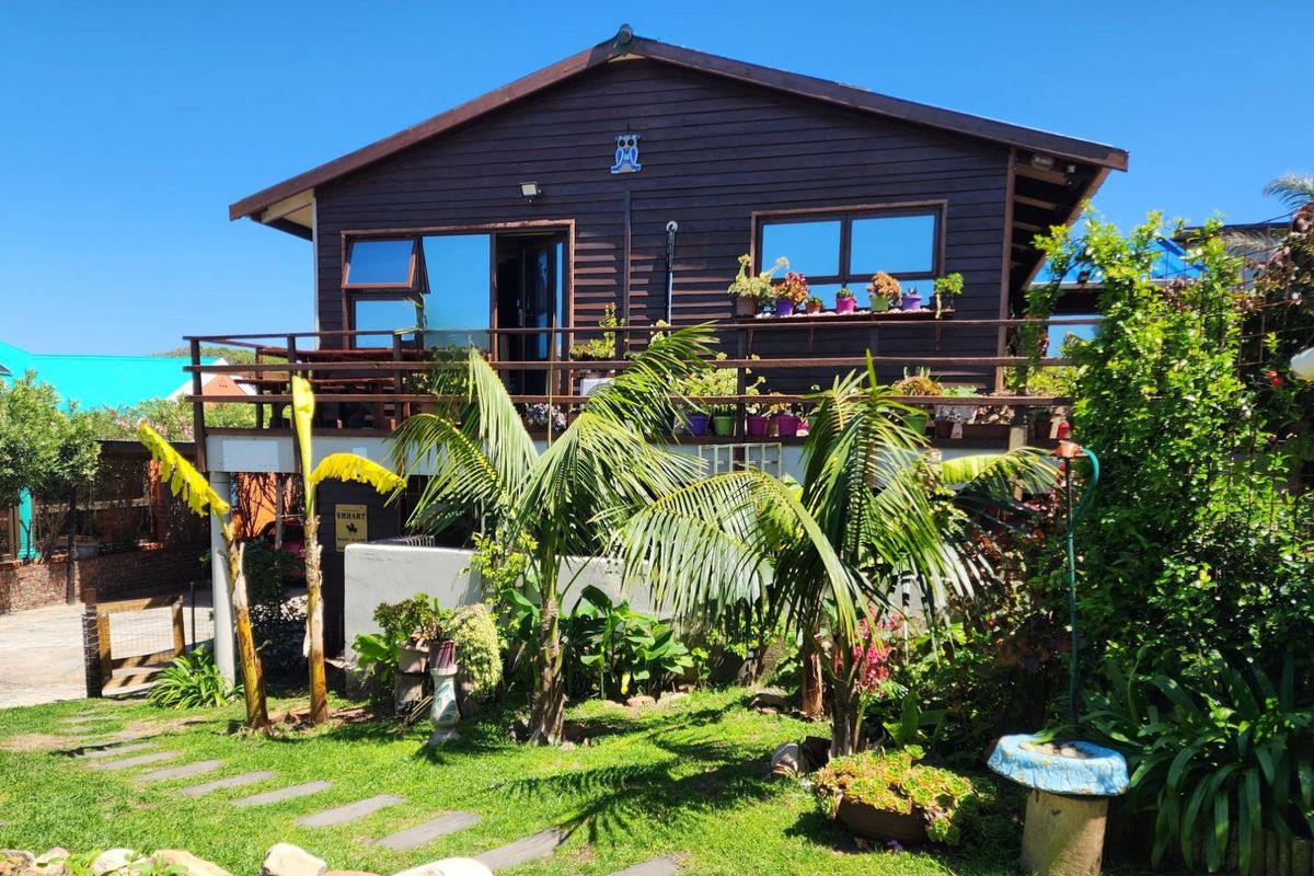 A rear view of a timber-clad house featuring an elevated wooden deck, landscaped garden, and mature palm trees.