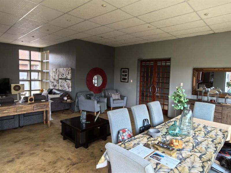 Spacious open-plan living and dining area featuring polished concrete floors, a suspended ceiling with recessed lighting, and timber-framed glass panel doors.