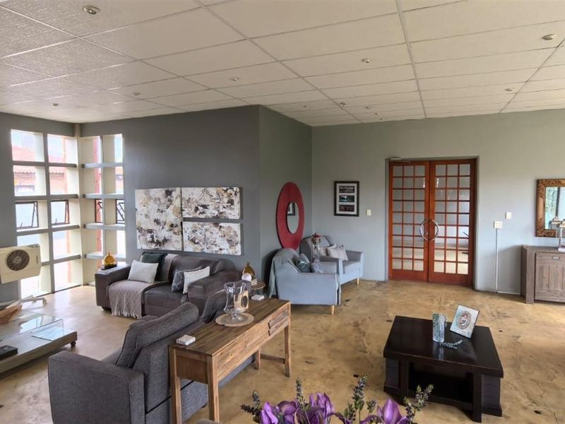 Spacious open-plan living and dining area featuring concrete flooring, a suspended ceiling with recessed lighting, and distinctive grid-style windows.