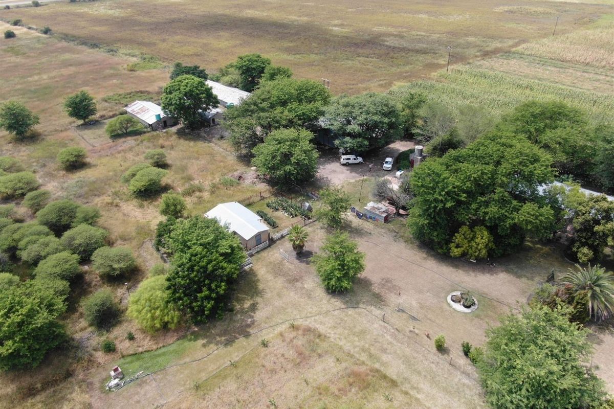 Aerial view of a small holding property featuring multiple outbuildings, mature trees, and expansive surrounding land.