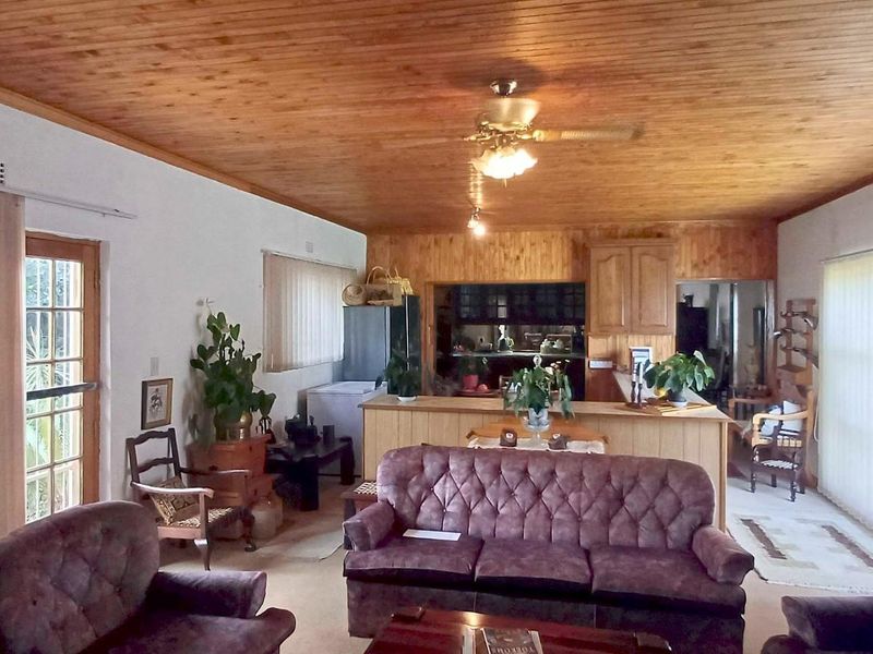 Open plan living and kitchen area featuring a timber tongue and groove ceiling, breakfast counter, and large windows with vertical blinds.