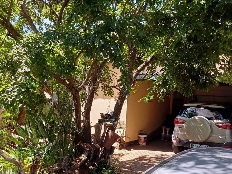 Front exterior view of the property featuring a paved driveway, carport, and established garden area.