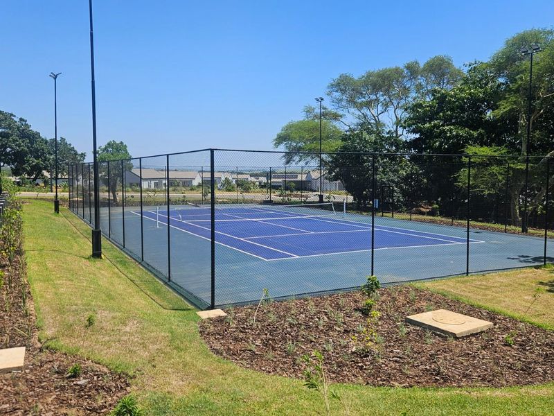 A well-maintained outdoor tennis court featuring blue hard-court surfacing, perimeter chain-link fencing, and integrated floodlighting within a landscaped residential estate setting.