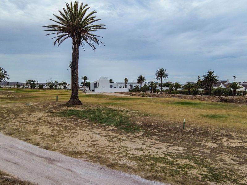 An aerial view of a residential vacant land plot situated within a golf estate, featuring established palm trees and surrounding neighborhood views.