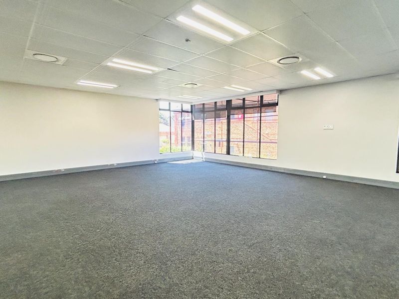 A spacious, open-plan commercial office area featuring neutral carpeting, large windows providing natural light, and a suspended acoustic ceiling with integrated lighting.