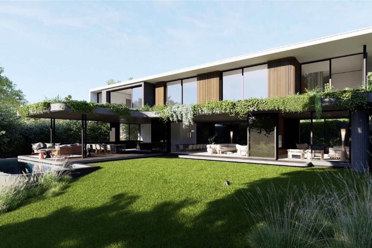 A modern architectural rendering of a luxury residence featuring a spacious rear garden, swimming pool, and expansive covered patio area.