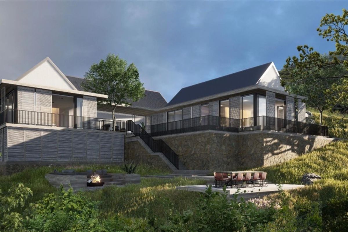 A high-quality architectural rendering of a modern residential property featuring tiered stone retaining walls, expansive balconies, and a landscaped outdoor entertainment area.