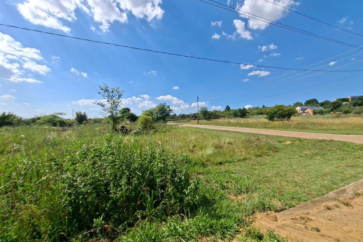 A view of the street frontage and surrounding vacant land area with established grass and overhead power lines.
