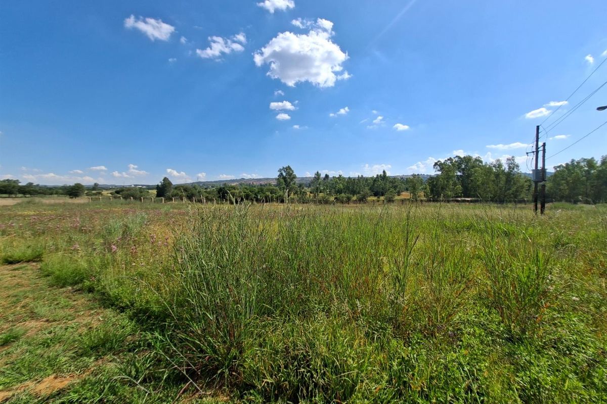 A wide-angle view of a vacant residential plot featuring natural grass, perimeter fencing, and a utility pole under a clear blue sky.