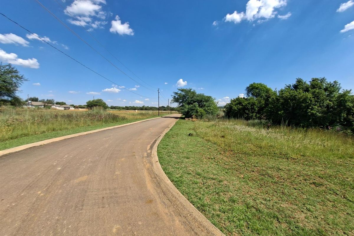 A view of a paved residential street with concrete curbing, surrounded by open grassy land and mature trees under a clear blue sky.