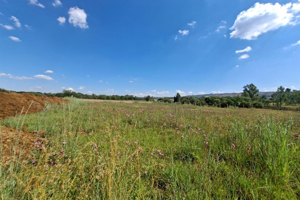 A wide-angle view of a vacant residential plot featuring natural grassland, open sky, and perimeter fencing.