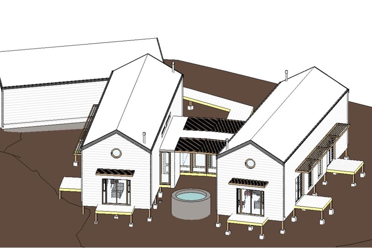 An architectural 3D rendering showing a multi-structure residential layout featuring pitched roofs, connecting walkways, and a central plunge pool.