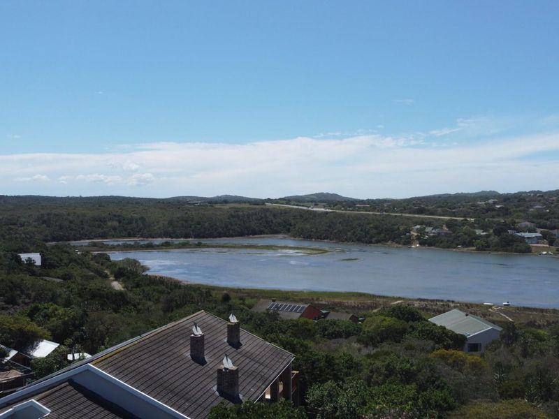 Elevated aerial view overlooking a scenic lagoon, surrounding natural vegetation, and nearby residential properties.