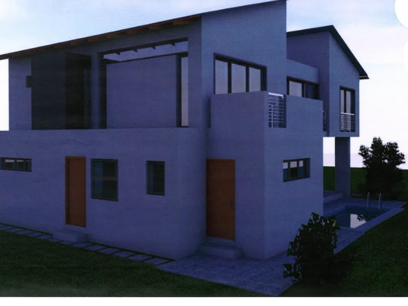 A modern architectural rendering of a two-story residential property featuring a swimming pool, balcony, and contemporary facade design.
