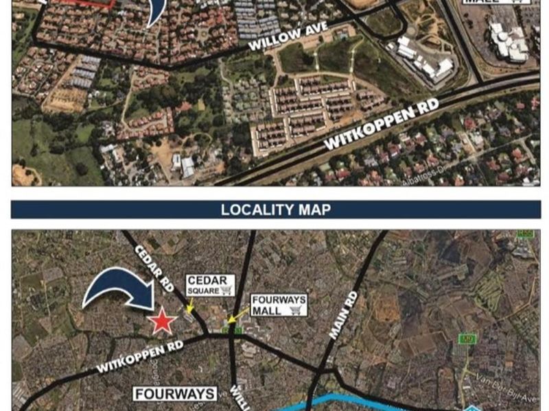 A locality map showing the property's strategic position in Fourways, highlighting proximity to major roads, shopping centers, and local amenities.