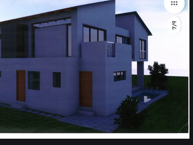 A digital architectural rendering of a modern residential property featuring a multi-level design, balcony, and integrated swimming pool area.