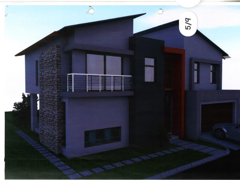 A modern architectural rendering of a two-story residential property featuring stone cladding, a balcony, and a garage.