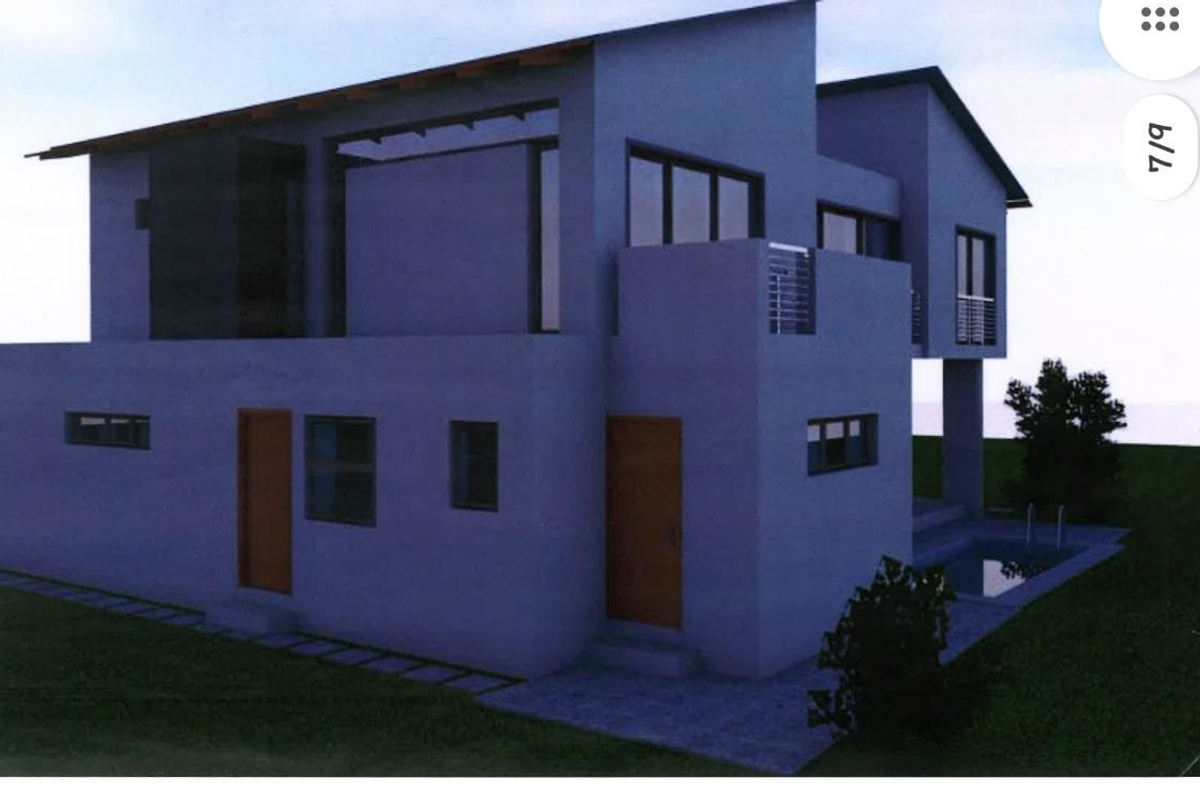 A modern architectural rendering of a two-story residential property featuring a swimming pool, balcony, and contemporary facade design.