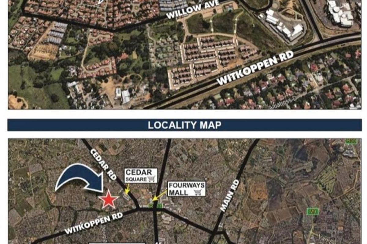 A locality map showing the property's strategic position in Fourways, highlighting proximity to major roads, shopping centers, and local amenities.