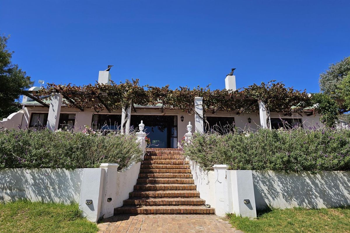 A charming rear exterior view featuring a brick staircase leading to a covered patio with a vine-covered pergola and two prominent chimneys.