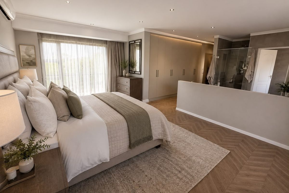 Spacious master bedroom featuring herringbone timber flooring, extensive built-in cabinetry, and an open-plan en-suite bathroom with a modern glass shower enclosure.