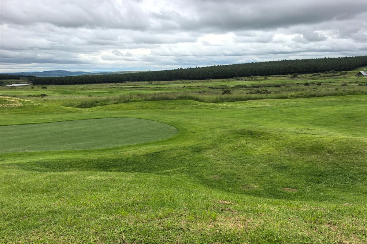 A scenic view overlooking a well-maintained golf course and expansive green landscape under a cloudy sky.