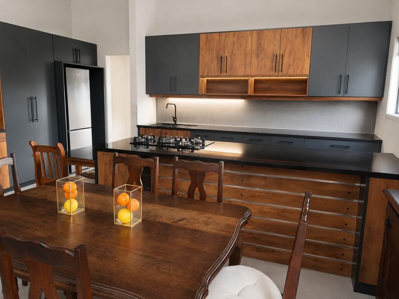 Modern open-plan kitchen and dining area featuring two-tone cabinetry, a large kitchen island with a gas hob, and high-quality stone countertops.