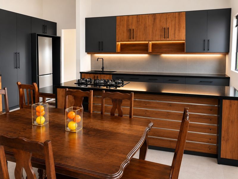 Modern open-plan kitchen featuring two-tone cabinetry, a central island with a gas cooktop, and integrated lighting, seamlessly connecting to the dining area.