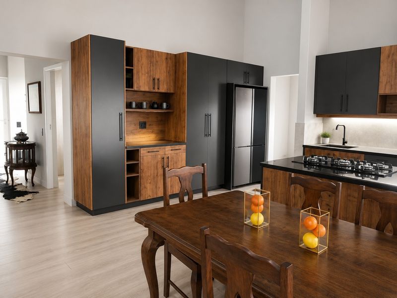 Modern open-plan kitchen featuring high-contrast wood and matte black cabinetry, a central island with a gas hob, and integrated appliances.