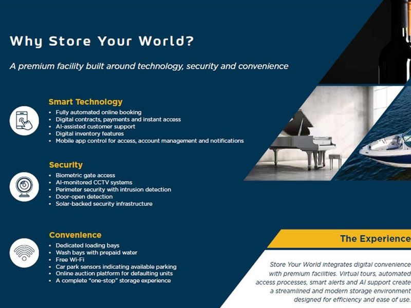 A promotional marketing flyer detailing the technology, security, and convenience features of a commercial storage facility.