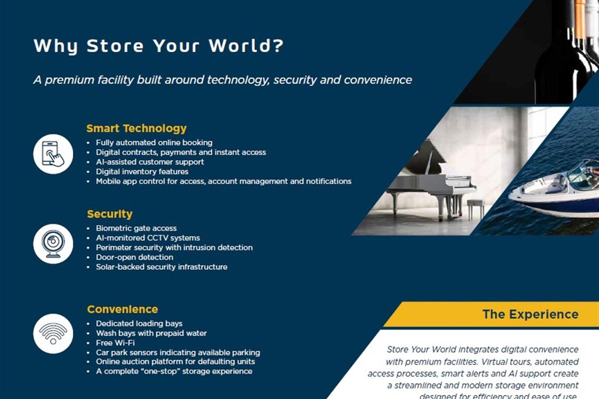 A promotional marketing flyer detailing the technology, security, and convenience features of a commercial storage facility.