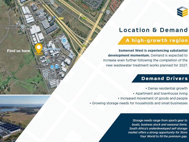 An aerial map and informational graphic highlighting the location and demand drivers for a commercial property in a high-growth region.