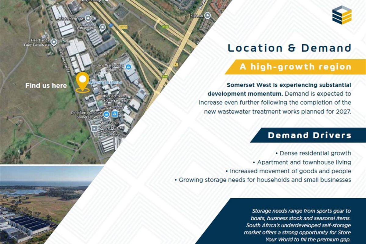 An aerial map and informational graphic highlighting the location and demand drivers for a commercial property in a high-growth region.