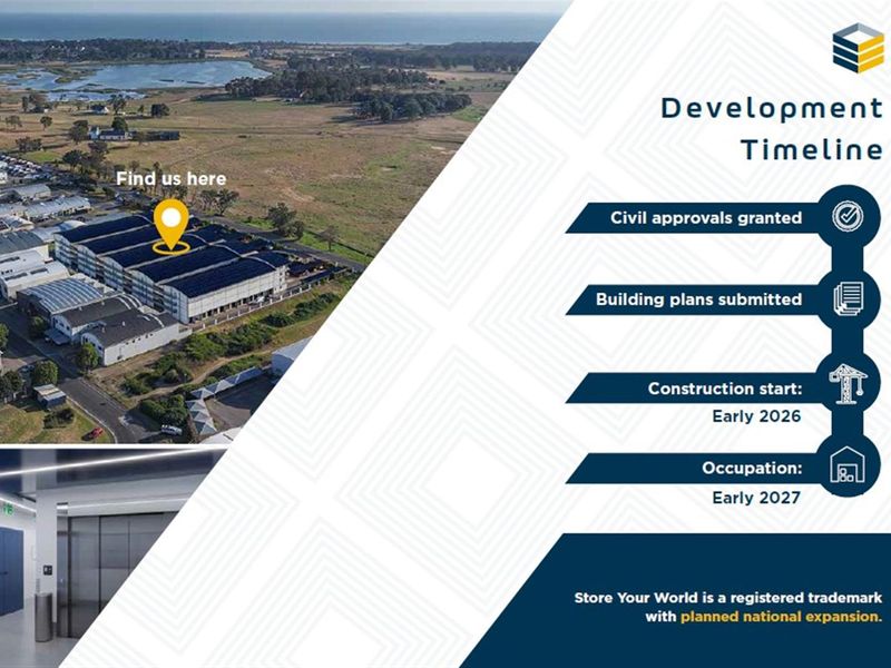 Aerial view of a commercial development site featuring solar panels and a project timeline for future construction and occupation.