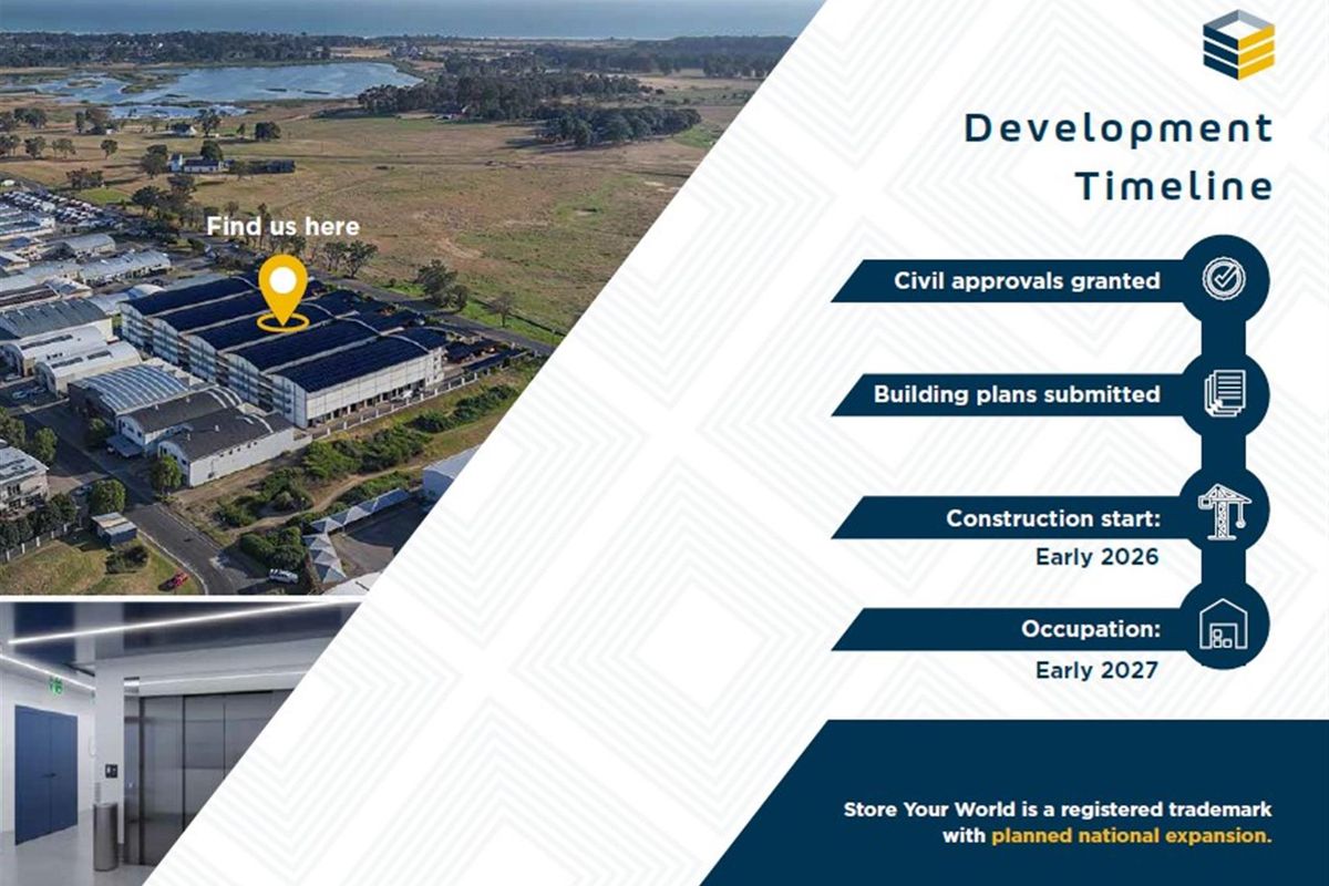Aerial view of a commercial development site featuring solar panels and a project timeline for future construction and occupation.