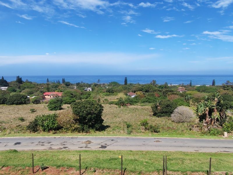 An elevated scenic view overlooking a coastal landscape with lush greenery, a residential area, and the ocean in the distance.
