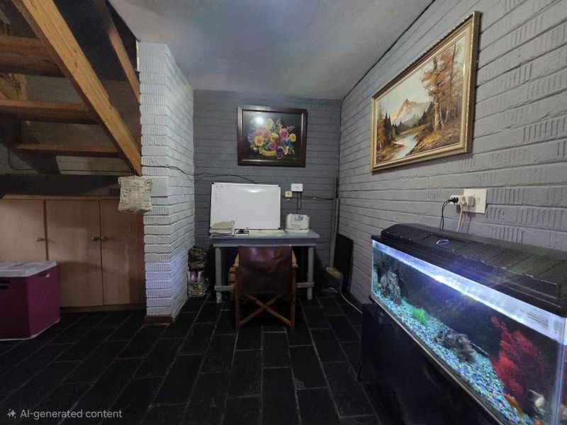 A living area featuring exposed brick walls, slate tile flooring, and a wooden staircase with integrated under-stair storage.