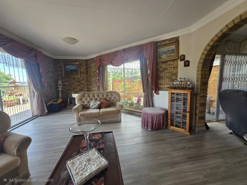 Spacious living room featuring exposed brick walls, a distinctive brick archway, and laminate flooring with access to an outdoor patio area.
