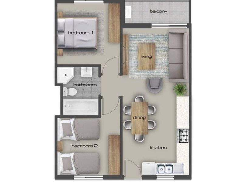 A clear 2D floor plan showing a two-bedroom apartment layout with an open-plan kitchen, dining, and living area, plus a balcony and bathroom.