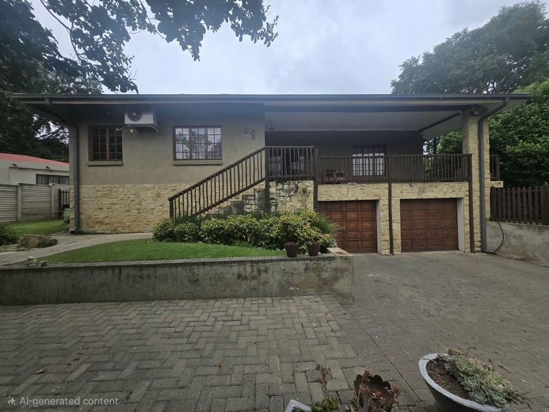 Front elevation of a multi-level house featuring a double garage, raised patio with timber balustrade, and stone cladding facade.