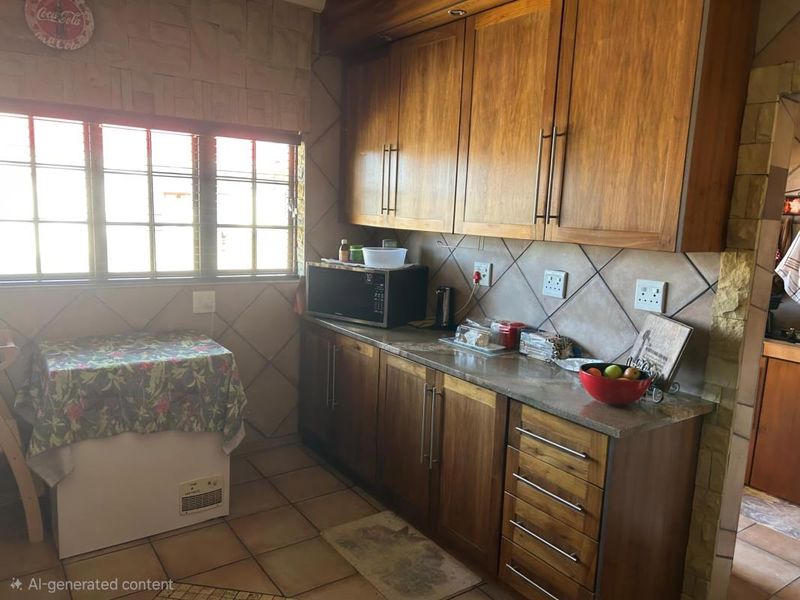A functional kitchen featuring wooden cabinetry, stone-look countertops, and a tiled backsplash, offering a classic aesthetic with practical storage solutions.