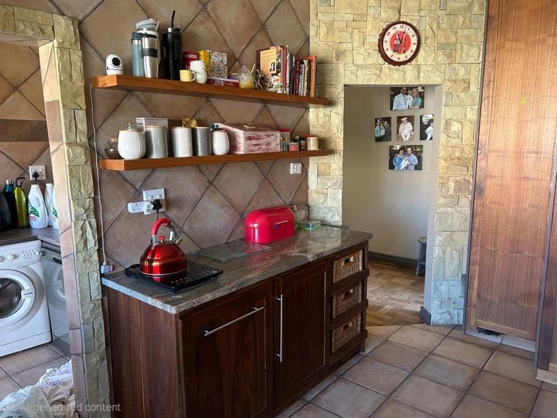 A kitchen area featuring stone veneer wall accents, granite countertops, and wooden cabinetry with integrated shelving and laundry appliance space.