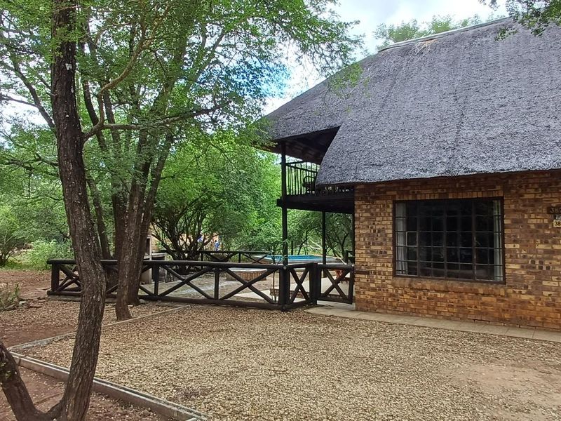 Exterior view of a rustic brick house with a traditional thatched roof, featuring a wooden deck, outdoor pool area, and surrounding natural bushveld.