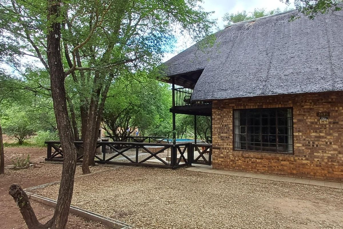 Exterior view of a rustic brick house with a traditional thatched roof, featuring a wooden deck, outdoor pool area, and surrounding natural bushveld.